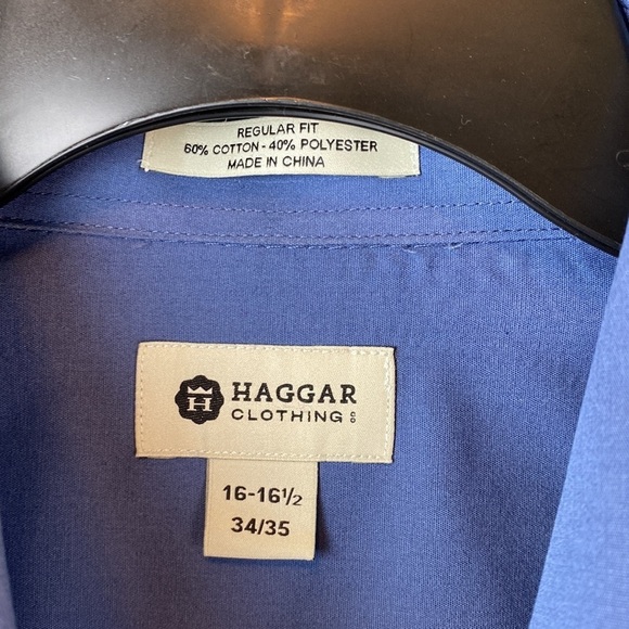 Haggar 16 - 16-1/2 (34/35) Regular Fit Solid Blue Men’s Button Up Dress Shirt - Picture 5 of 6